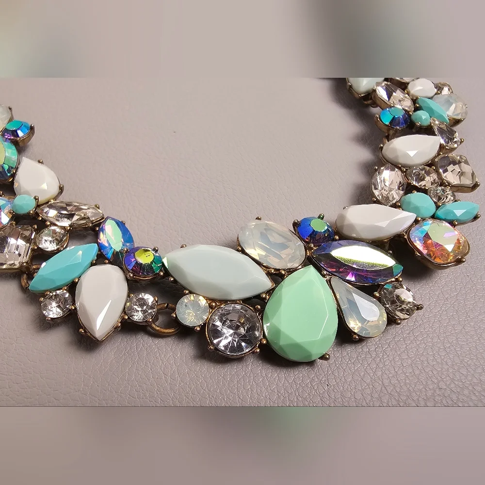 [J. Crew] Cluster Statement Necklace Mint Green, Gray White & Iridescent Stones